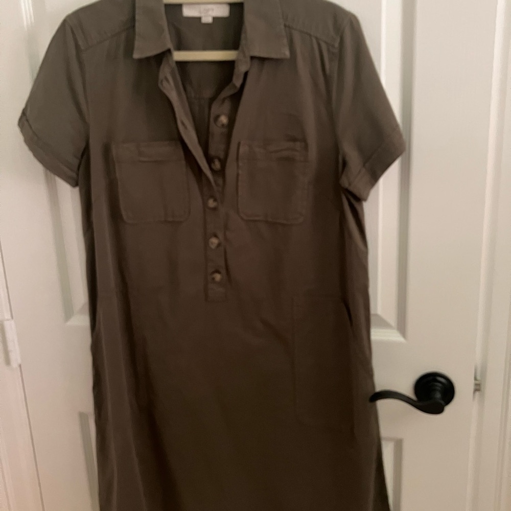 LOFT Olive Green Button-Front Shirt Dress